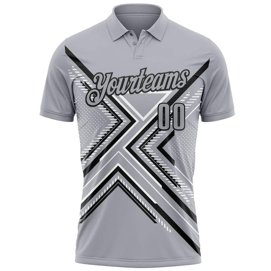Custom Gray Black-White 3D Pattern Design Geometric Shapes Performance Polo Shirt