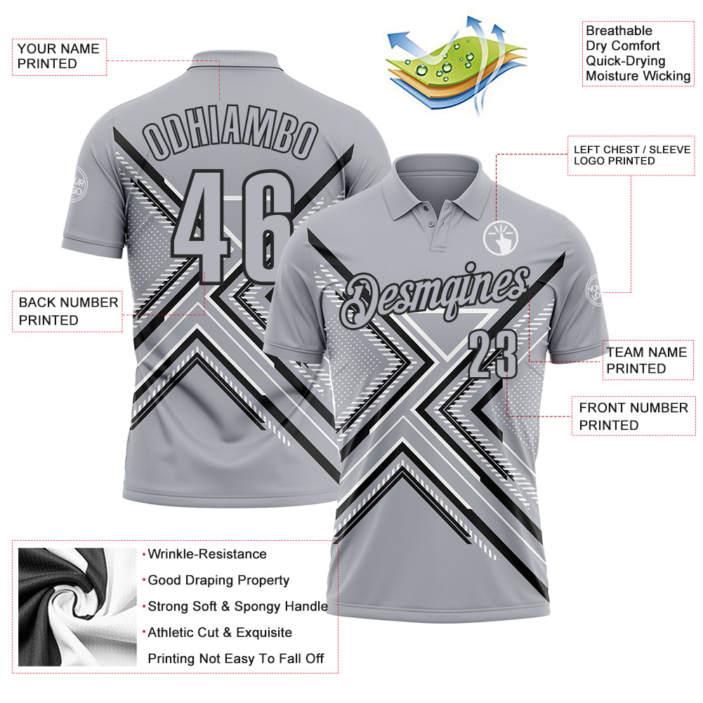 Custom Gray Black-White 3D Pattern Design Geometric Shapes Performance Polo Shirt