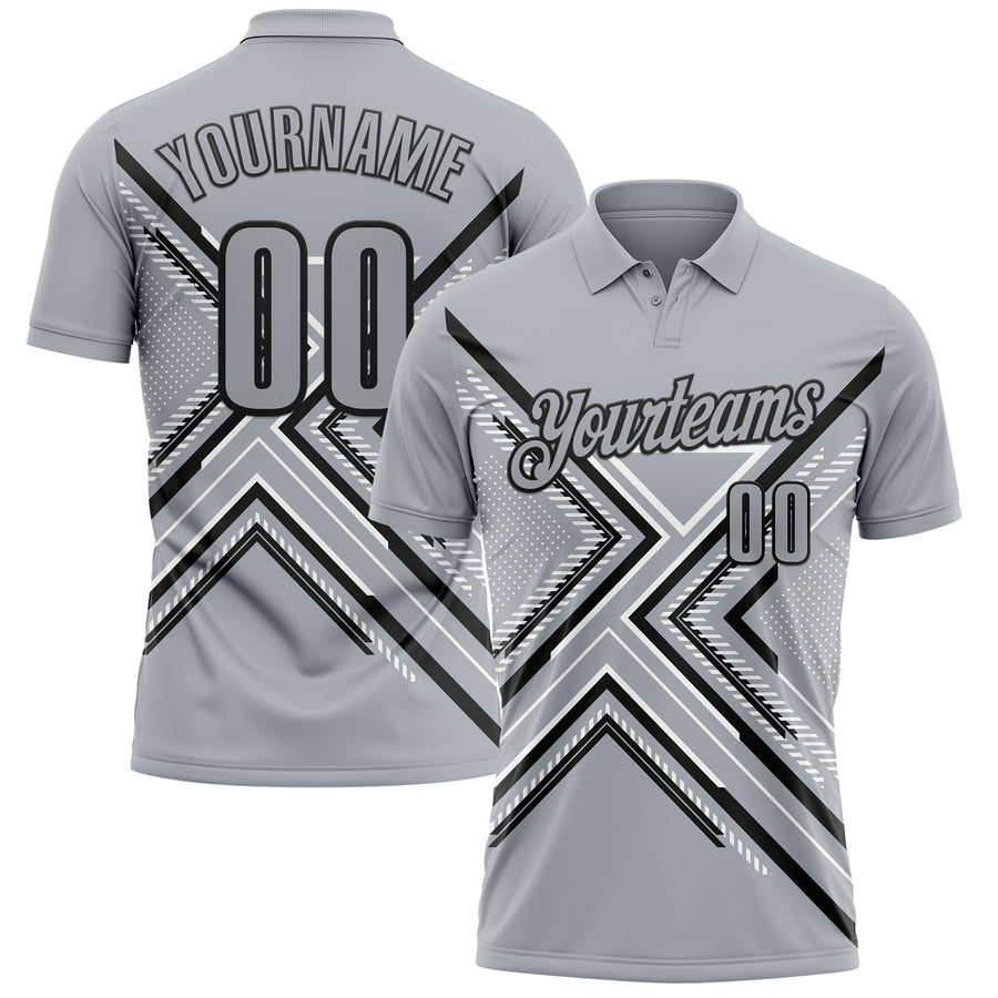 Custom Gray Black-White 3D Pattern Design Geometric Shapes Performance Polo Shirt