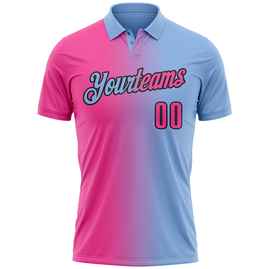 Custom Light Blue Pink-Black 3D Gradient Fashion Performance Polo Shirt
