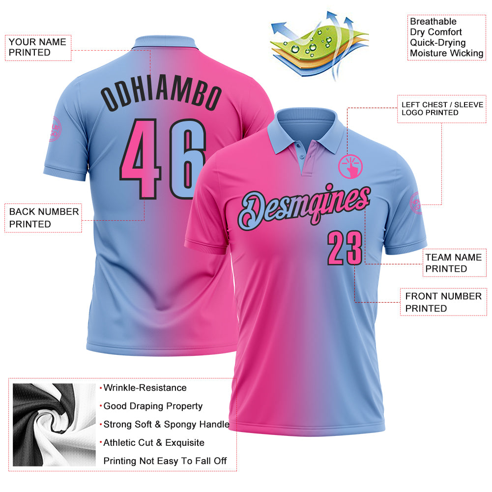 Custom Light Blue Pink-Black 3D Gradient Fashion Performance Polo Shirt