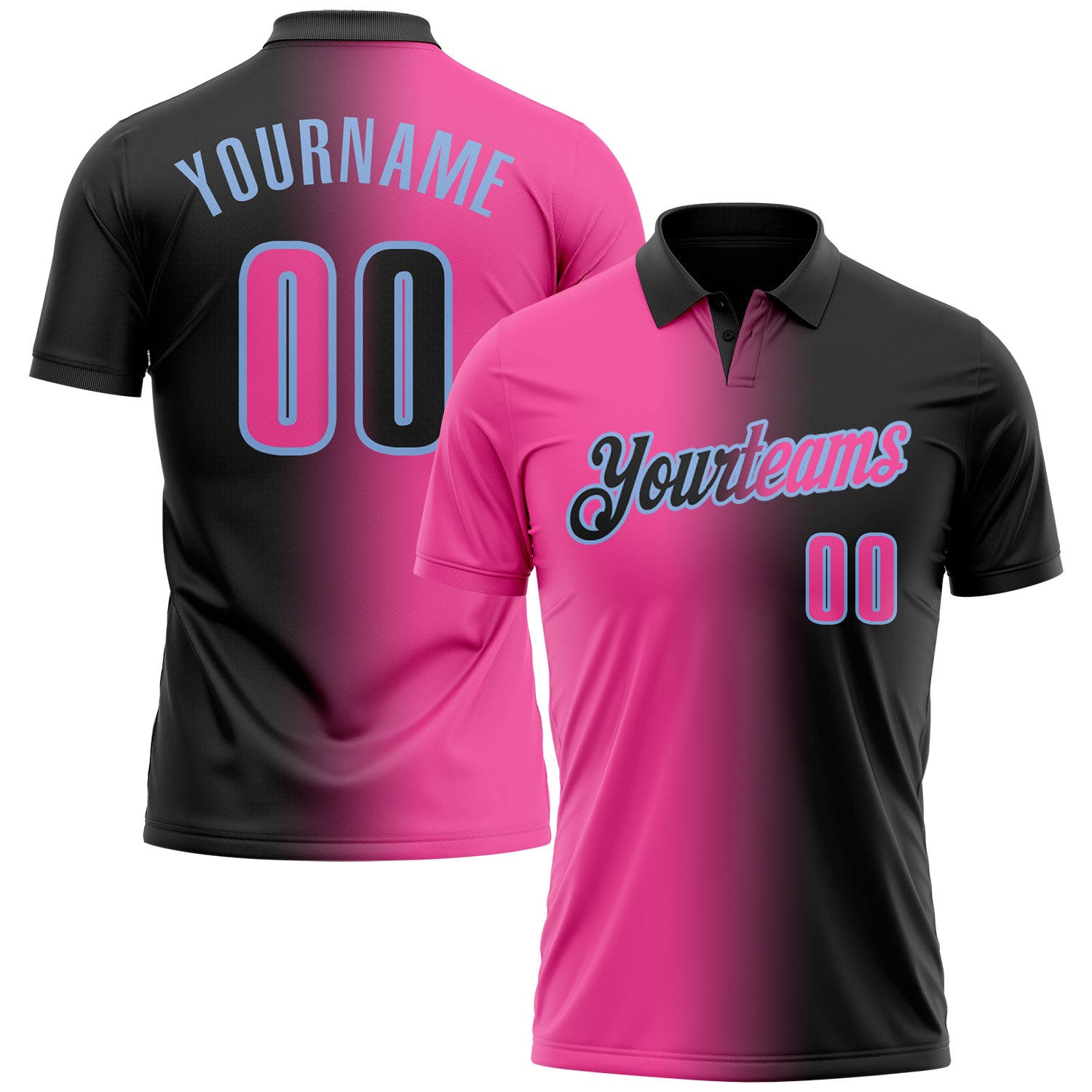 Custom Black Pink-Light Blue 3D Gradient Fashion Performance Polo Shirt
