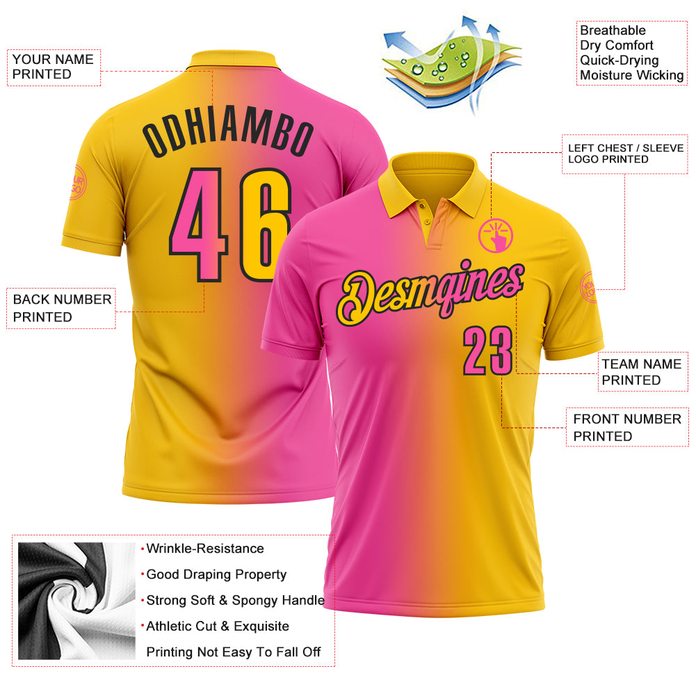 Custom Yellow Pink-Black 3D Gradient Fashion Performance Polo Shirt