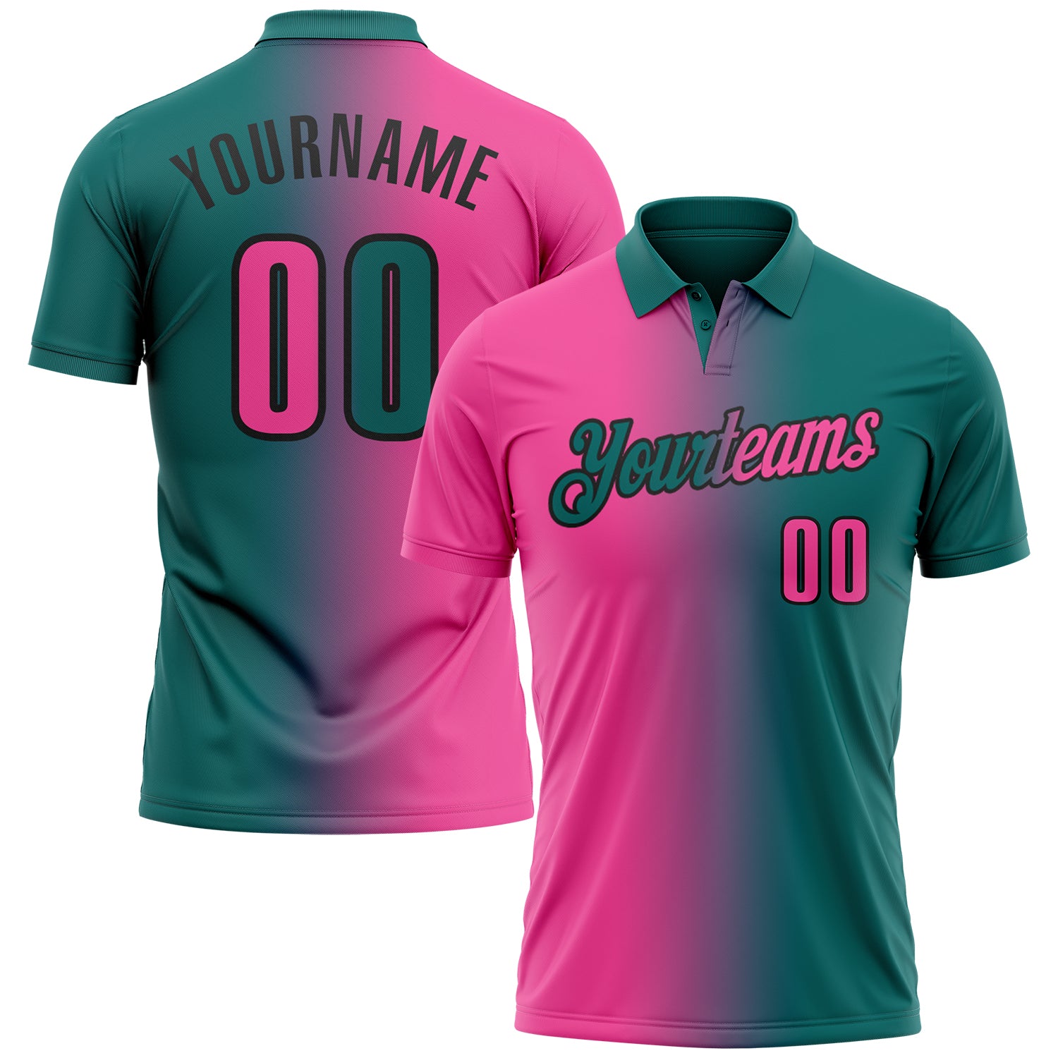 Custom Teal Pink-Black 3D Gradient Fashion Performance Polo Shirt