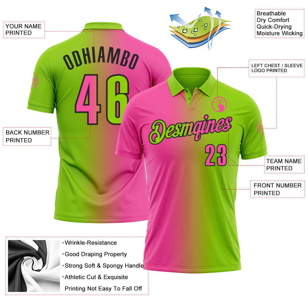 Custom Neon Green Pink-Black 3D Gradient Fashion Performance Polo Shirt