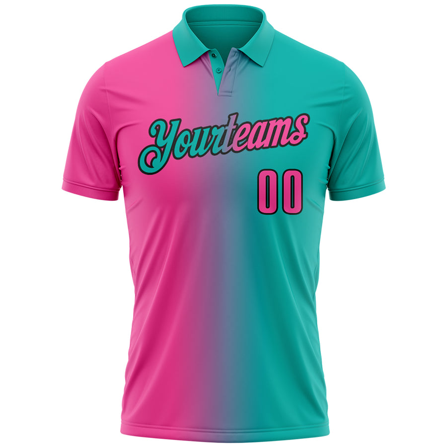 Custom Aqua Pink-Black 3D Gradient Fashion Performance Polo Shirt