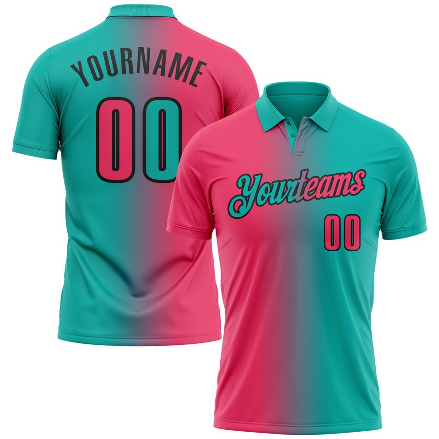 Custom Aqua Neon Pink-Black 3D Gradient Fashion Performance Polo Shirt