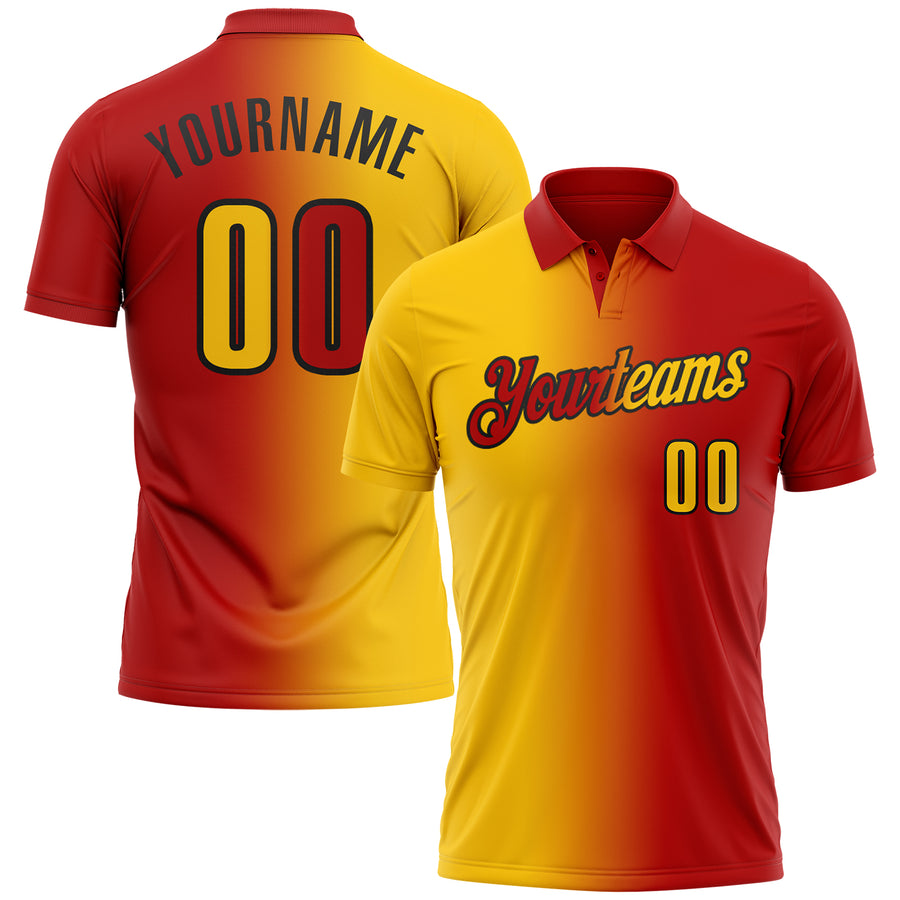 Custom Red Yellow-Black 3D Gradient Fashion Performance Polo Shirt