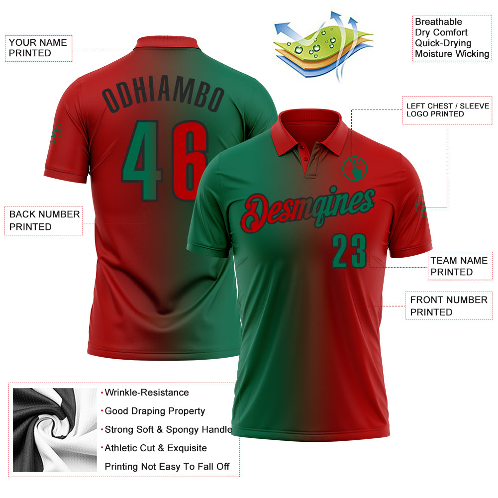 Custom Red Kelly Green-Black 3D Gradient Fashion Performance Polo Shirt