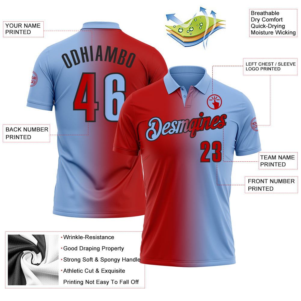 Custom Light Blue Red-Black 3D Gradient Fashion Performance Polo Shirt