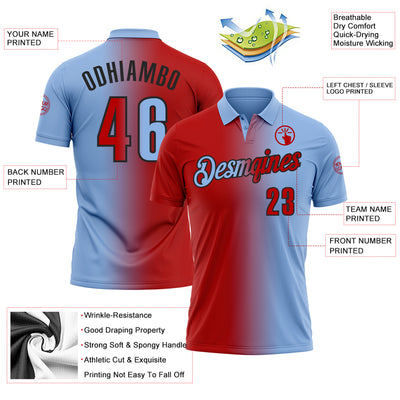 Custom Light Blue Red-Black 3D Gradient Fashion Performance Polo Shirt