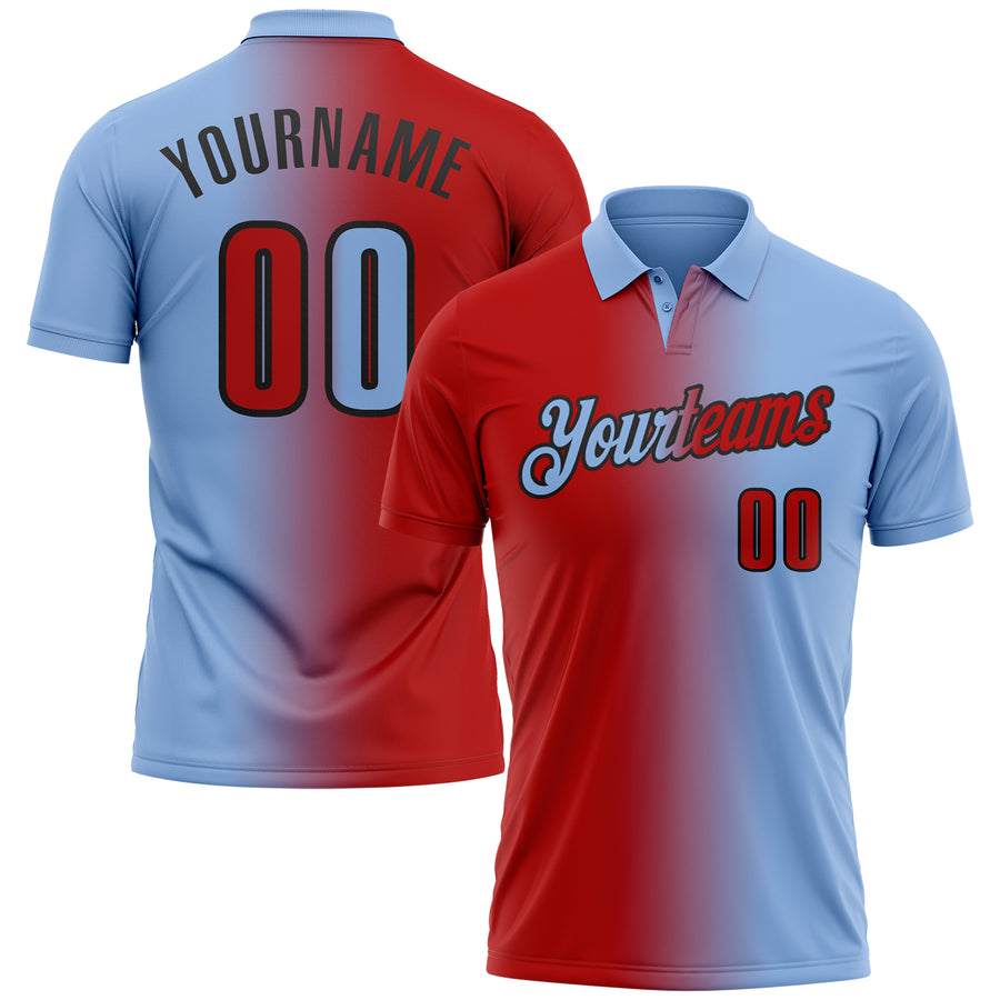Custom Light Blue Red-Black 3D Gradient Fashion Performance Polo Shirt