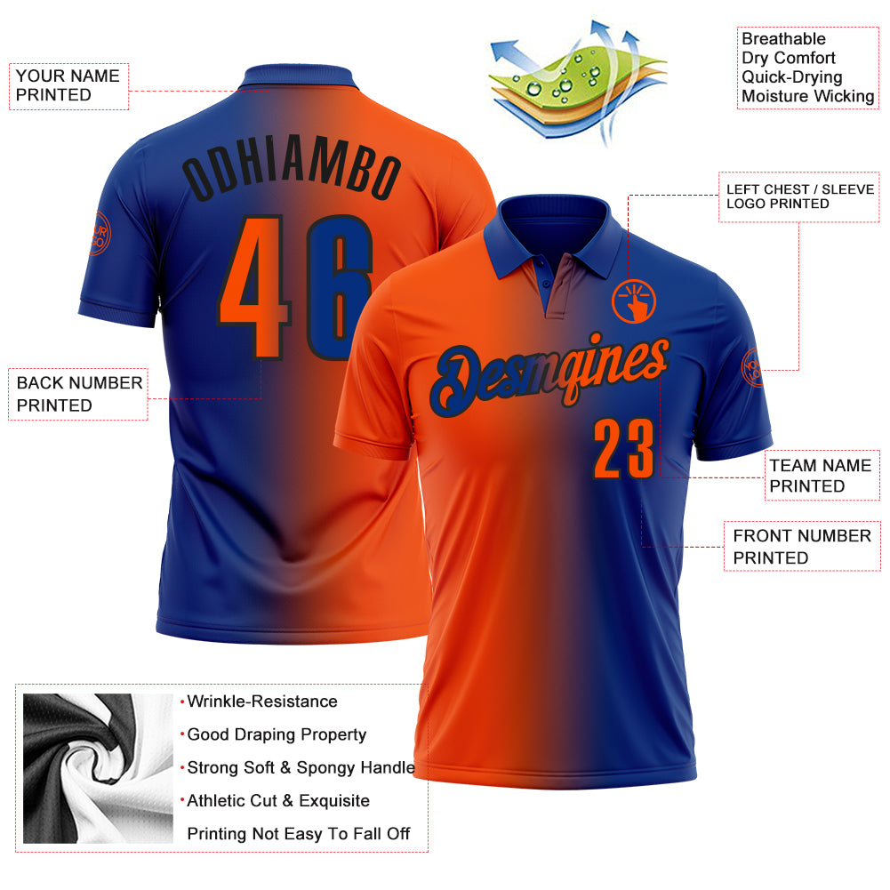 Custom Royal Orange-Black 3D Gradient Fashion Performance Polo Shirt