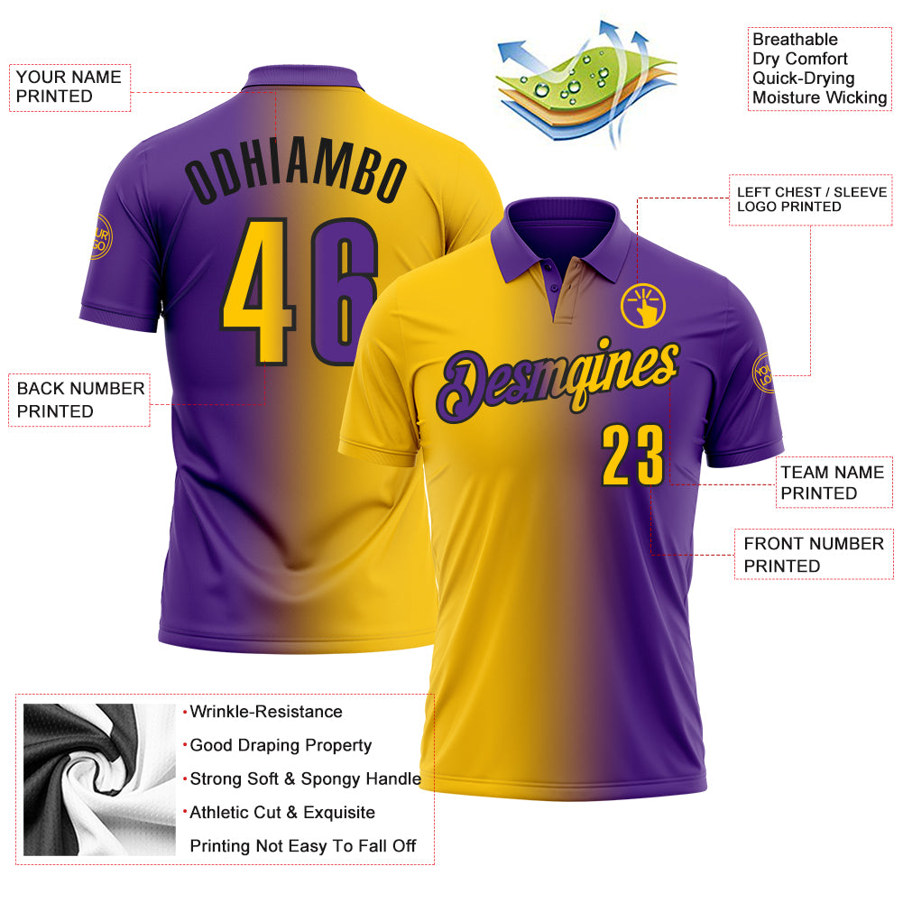Custom Purple Yellow-Black 3D Gradient Fashion Performance Polo Shirt