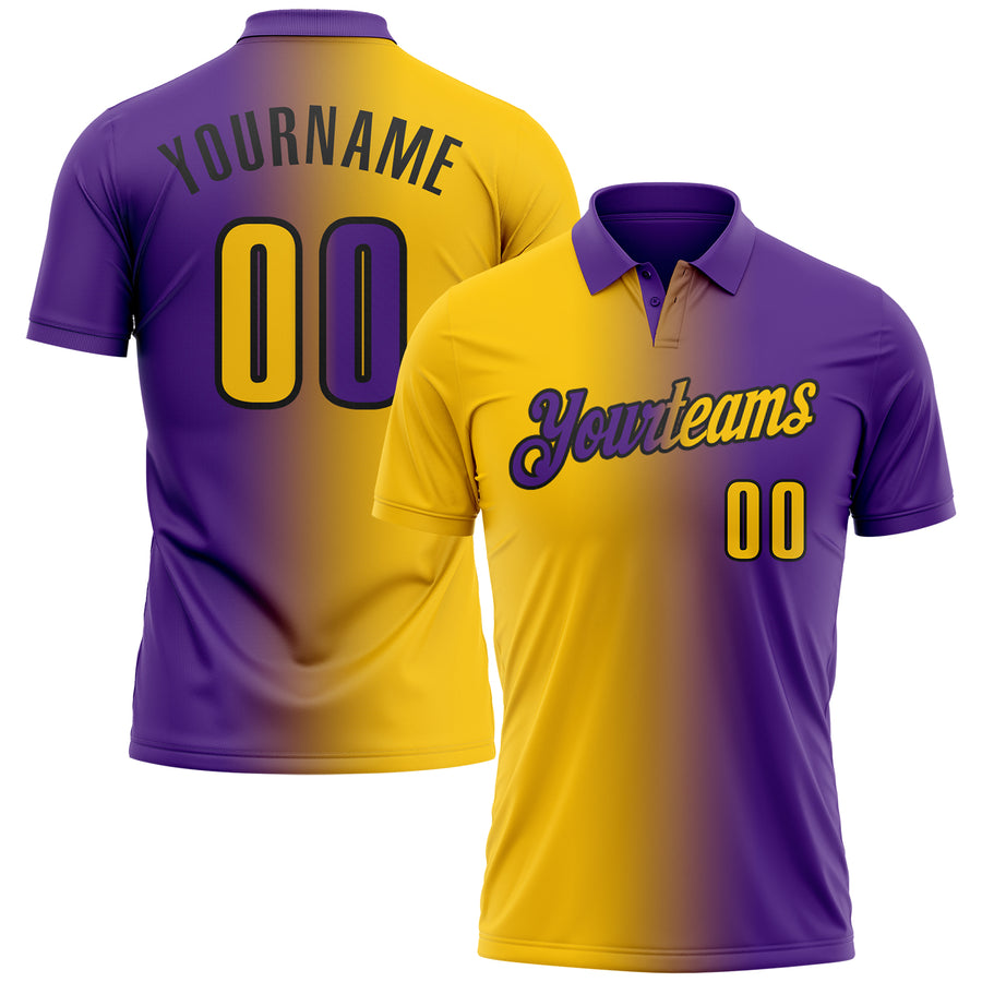 Custom Purple Yellow-Black 3D Gradient Fashion Performance Polo Shirt