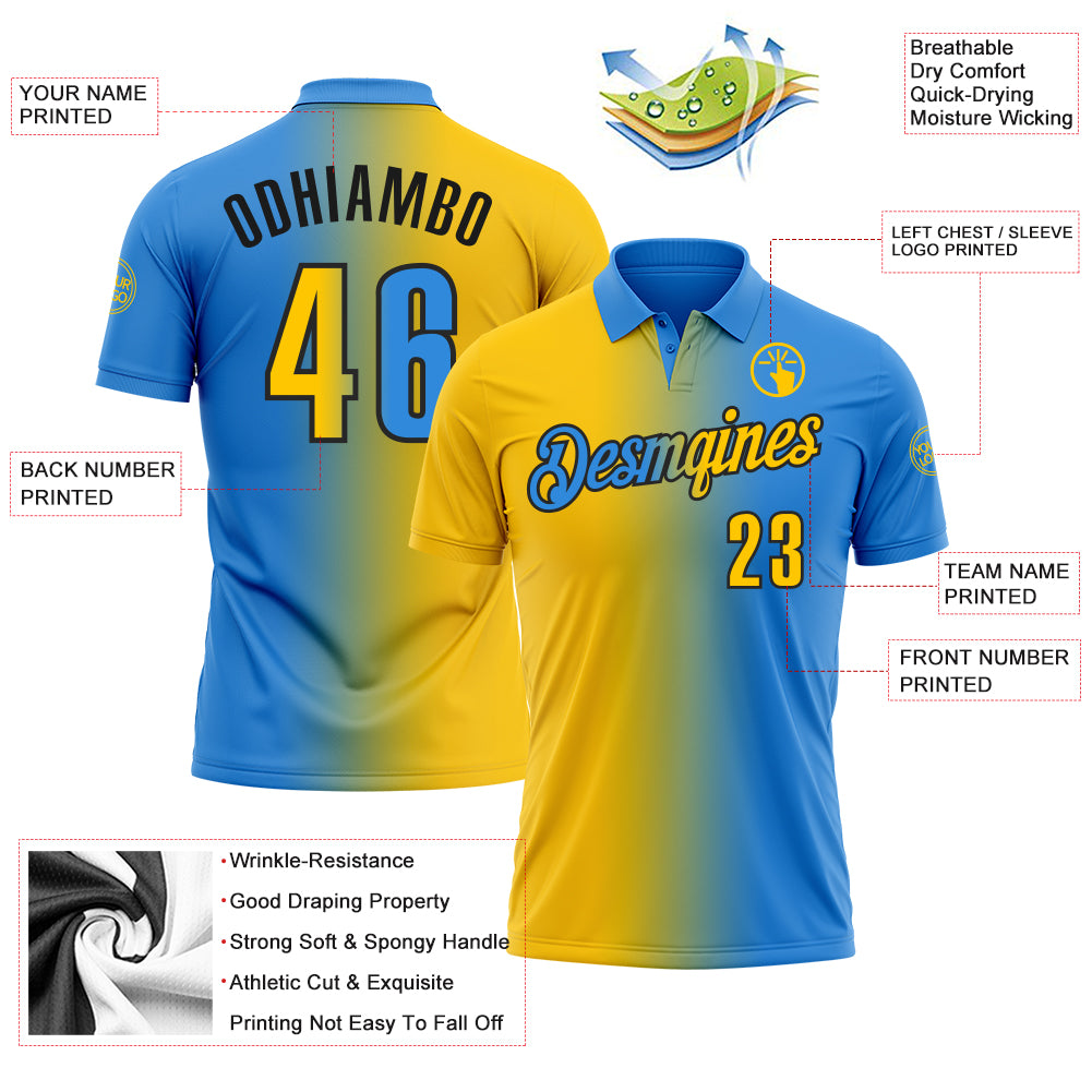 Custom Powder Blue Yellow-Black 3D Gradient Fashion Performance Polo Shirt