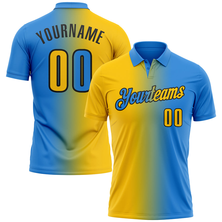Custom Powder Blue Yellow-Black 3D Gradient Fashion Performance Polo Shirt