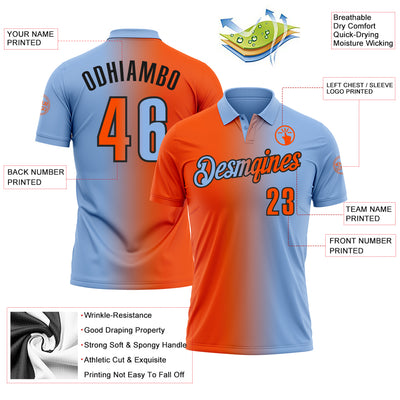 Custom Light Blue Orange-Black 3D Gradient Fashion Performance Polo Shirt