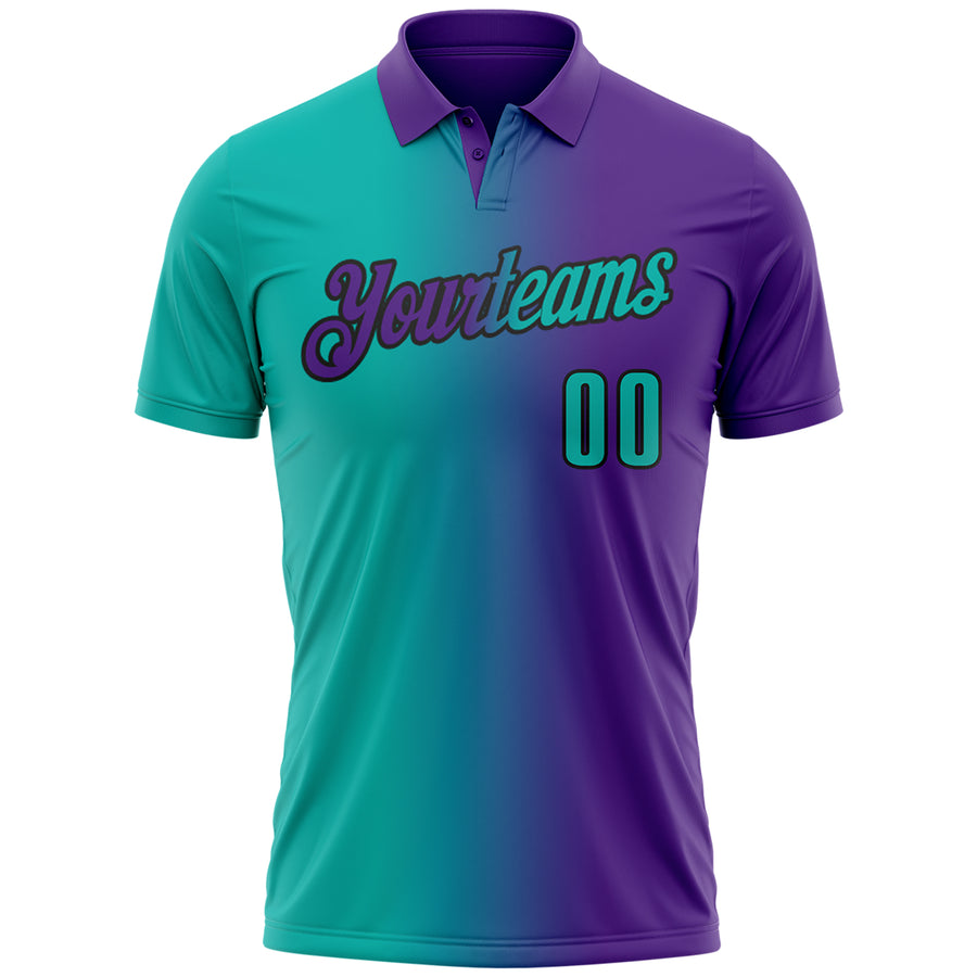 Custom Purple Aqua-Black 3D Gradient Fashion Performance Polo Shirt