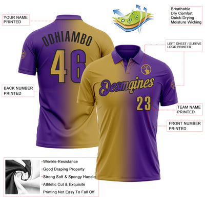 Custom Purple Old Gold-Black 3D Gradient Fashion Performance Polo Shirt