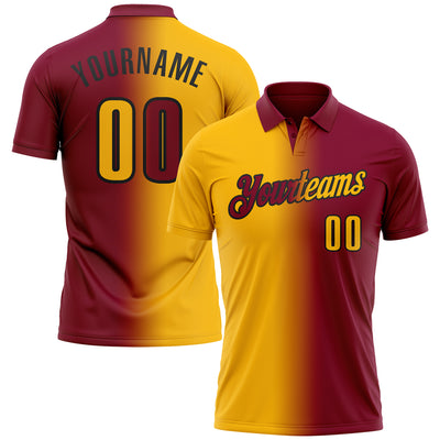 Custom Maroon Gold-Black 3D Gradient Fashion Performance Polo Shirt