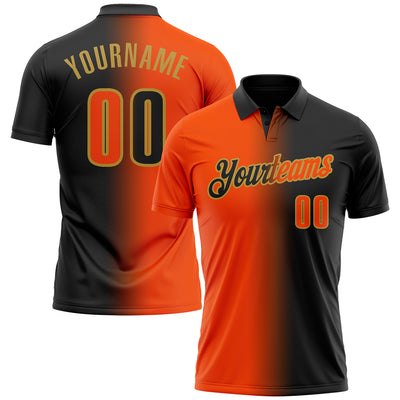 Custom Black Orange-Old Gold 3D Gradient Fashion Performance Polo Shirt