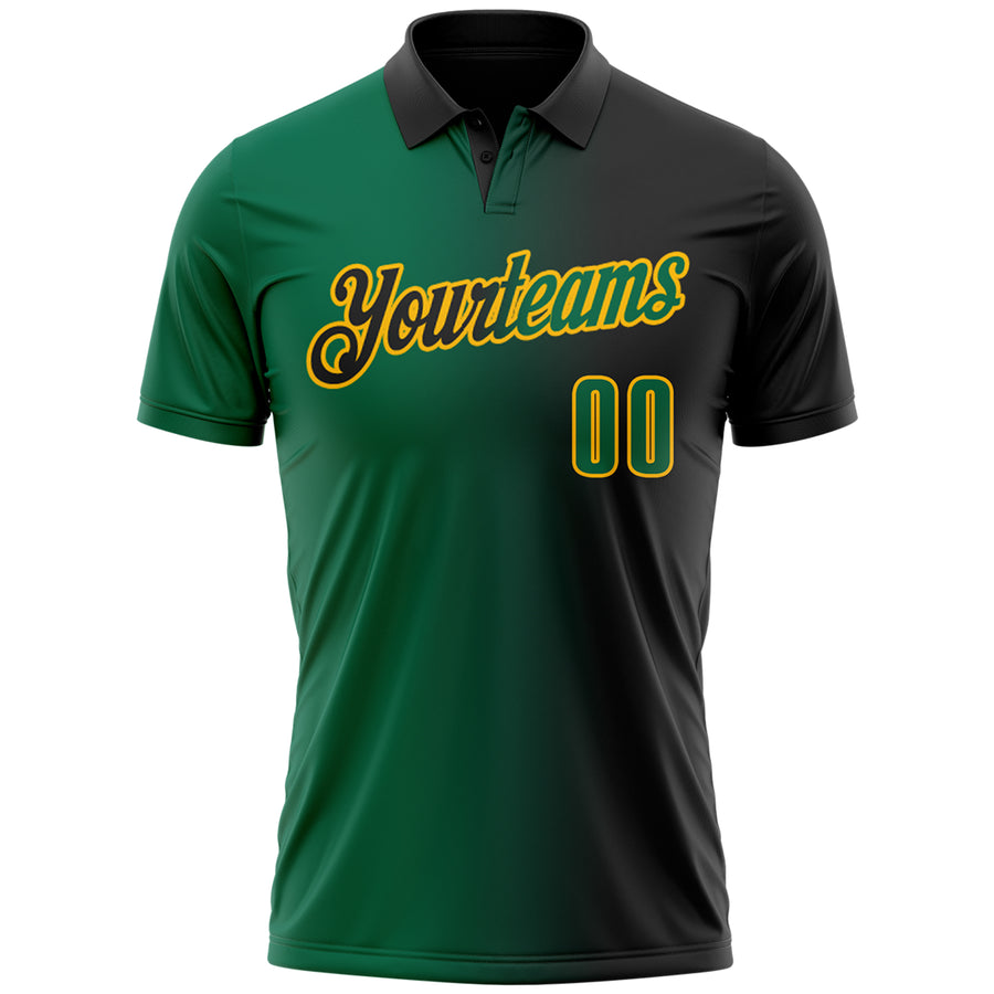 Custom Black Kelly Green-Gold 3D Gradient Fashion Performance Polo Shirt