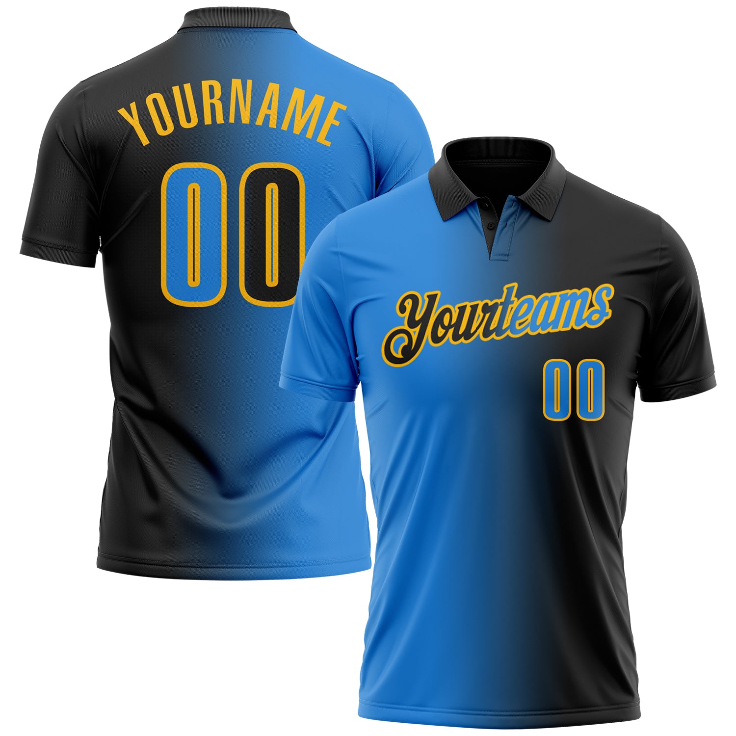Custom Black Powder Blue-Gold 3D Gradient Fashion Performance Polo Shirt