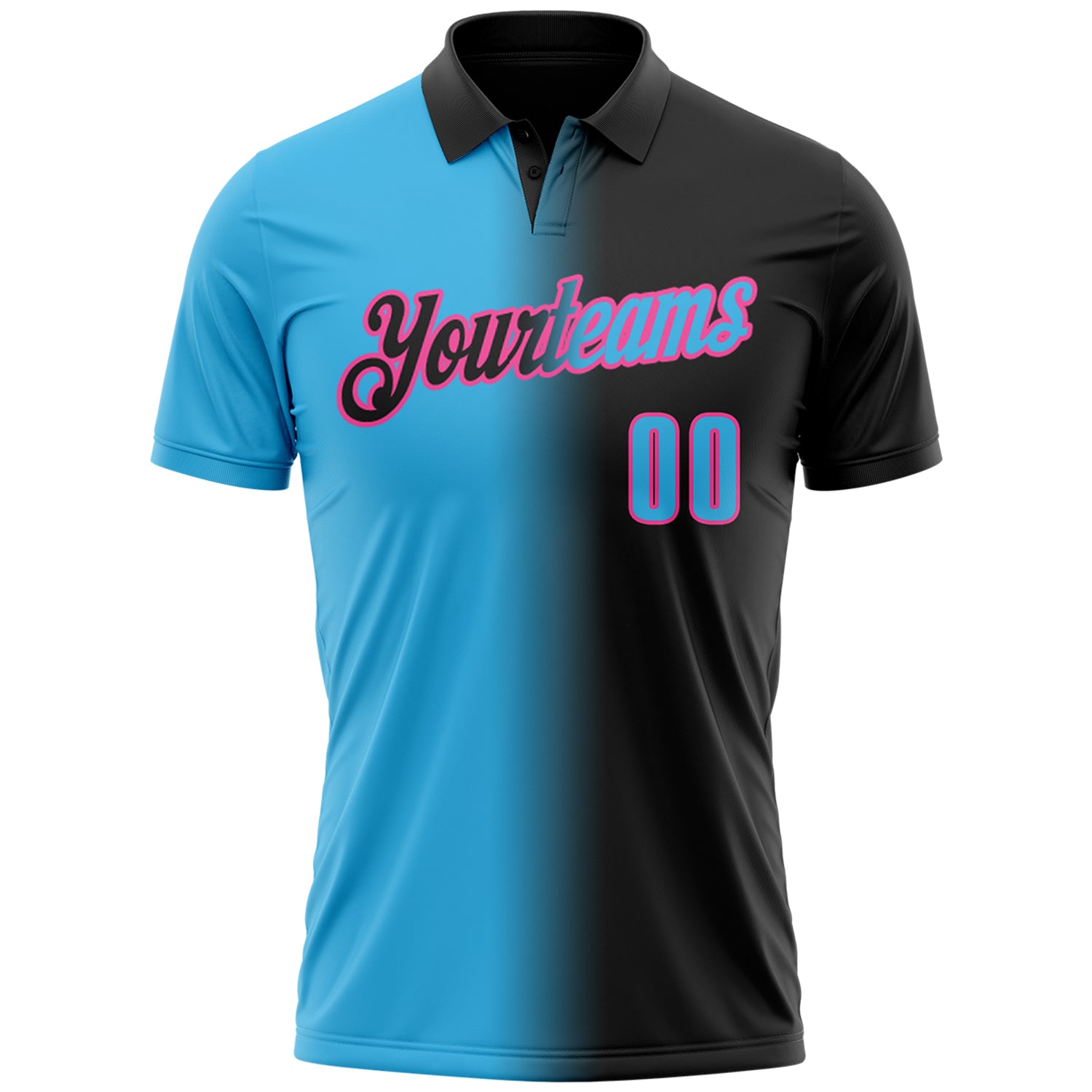 Custom Black Sky Blue-Pink 3D Gradient Fashion Performance Polo Shirt