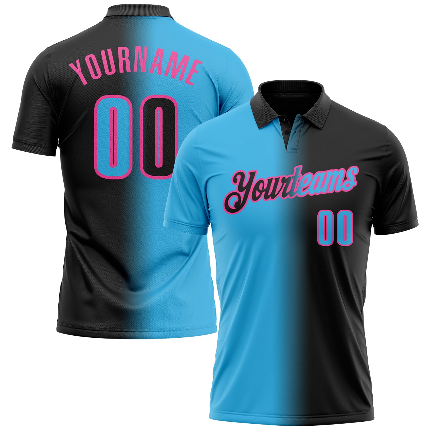 Custom Black Sky Blue-Pink 3D Gradient Fashion Performance Polo Shirt