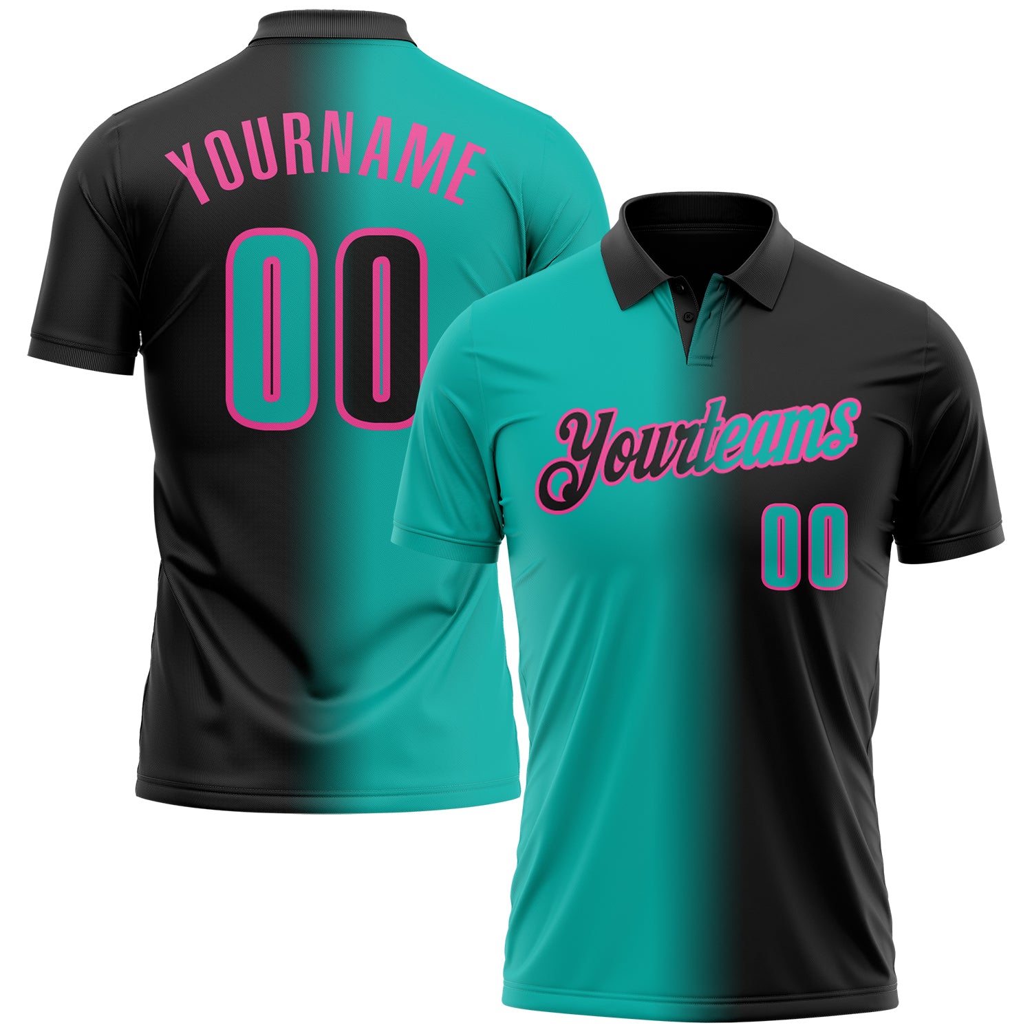 Custom Black Aqua-Pink 3D Gradient Fashion Performance Polo Shirt