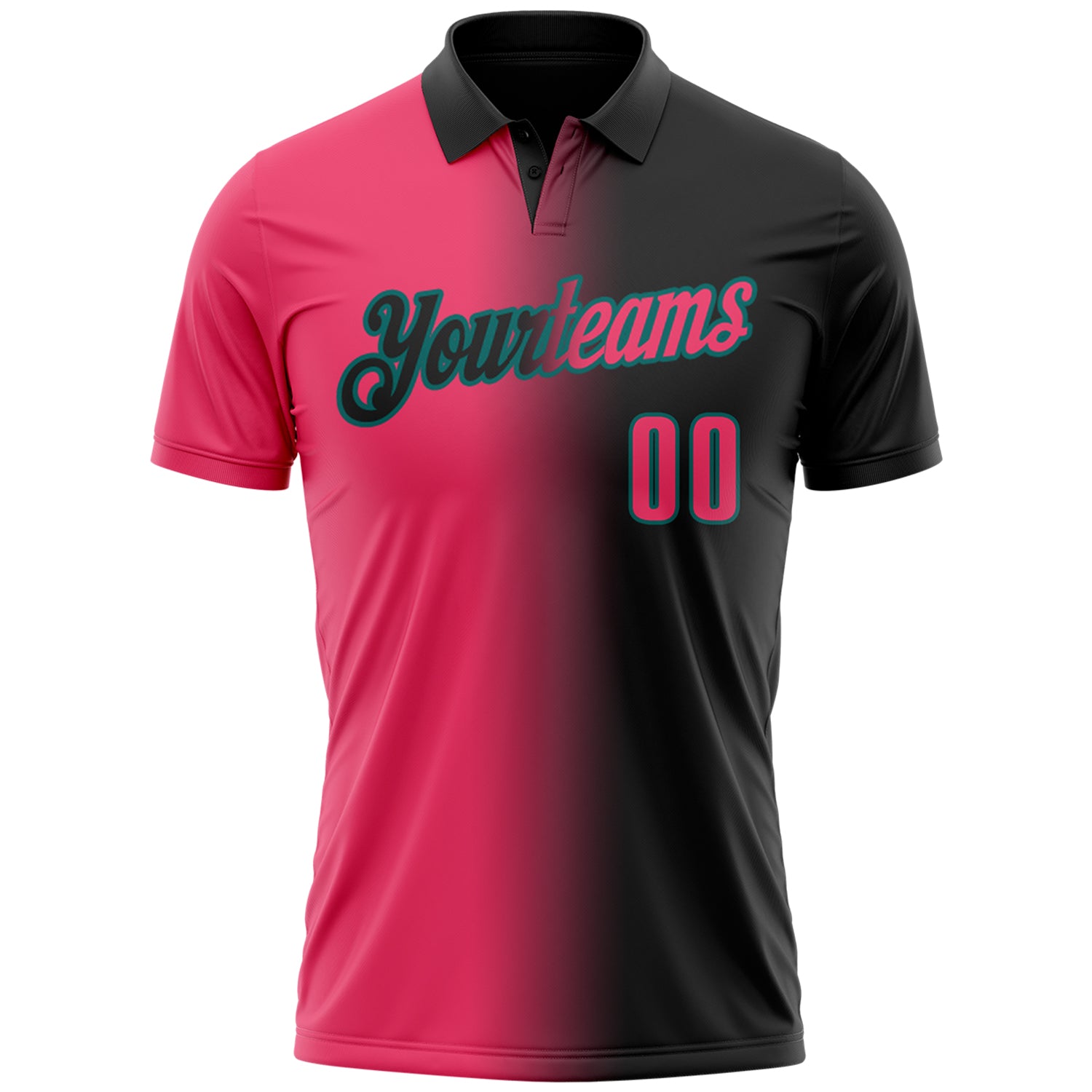 Custom Black Neon Pink-Teal 3D Gradient Fashion Performance Polo Shirt