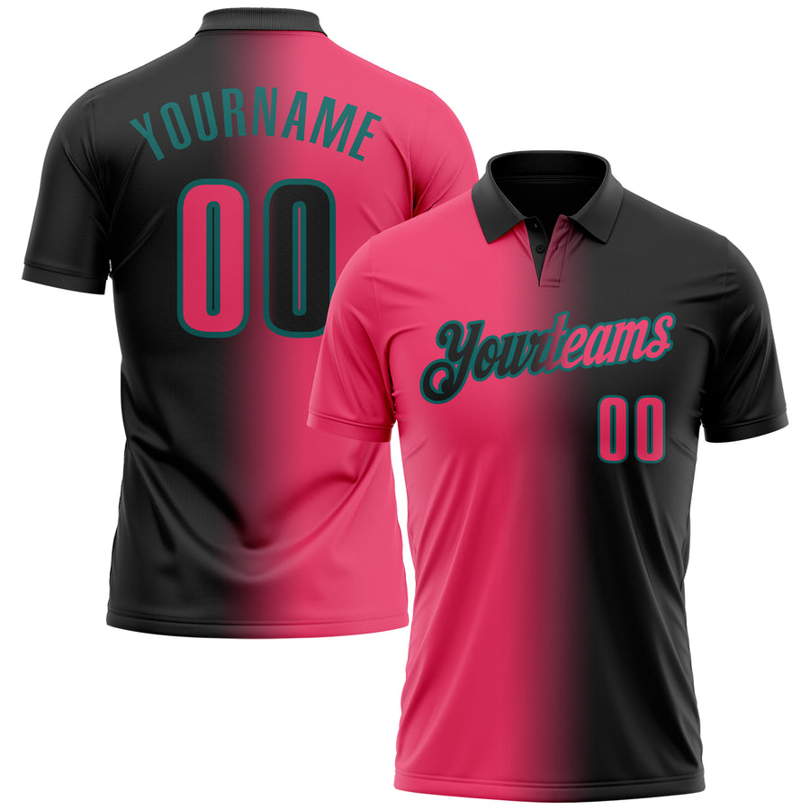 Custom Black Neon Pink-Teal 3D Gradient Fashion Performance Polo Shirt