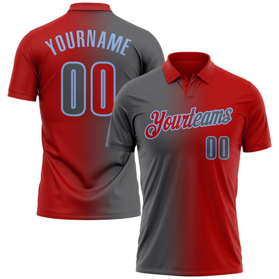 Custom Red Steel Gray-Light Blue 3D Gradient Fashion Performance Polo Shirt