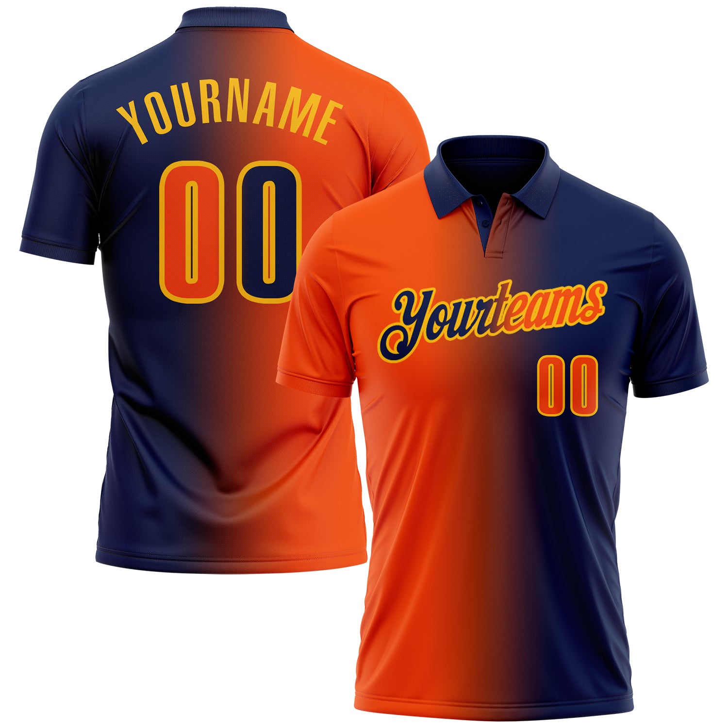Custom Navy Orange-Gold 3D Gradient Fashion Performance Polo Shirt