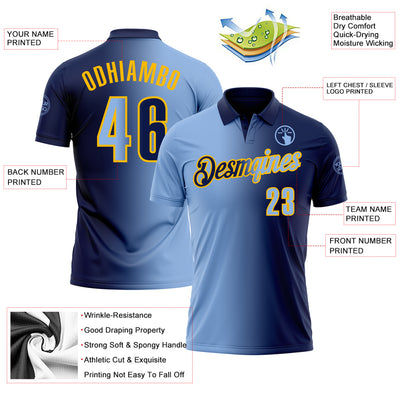 Custom Navy Light Blue-Gold 3D Gradient Fashion Performance Polo Shirt