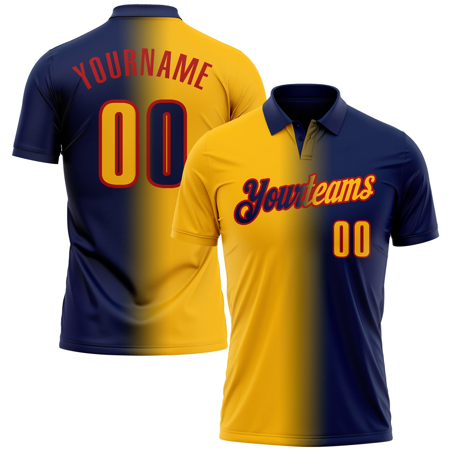 Custom Navy Gold-Red 3D Gradient Fashion Performance Polo Shirt