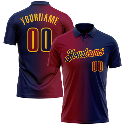 Custom Navy Maroon-Gold 3D Gradient Fashion Performance Polo Shirt