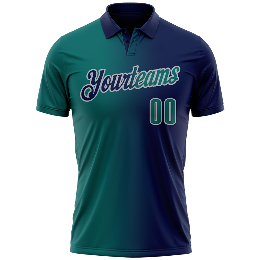 Custom Navy Teal-Gray 3D Gradient Fashion Performance Polo Shirt