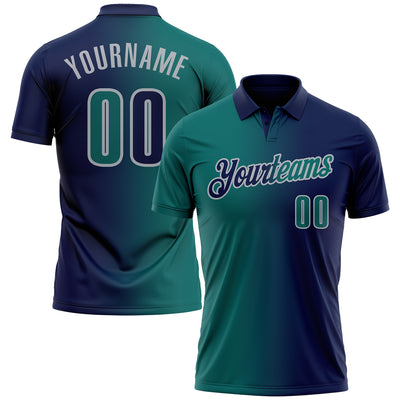 Custom Navy Teal-Gray 3D Gradient Fashion Performance Polo Shirt