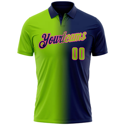 Custom Navy Neon Green-Pink 3D Gradient Fashion Performance Polo Shirt