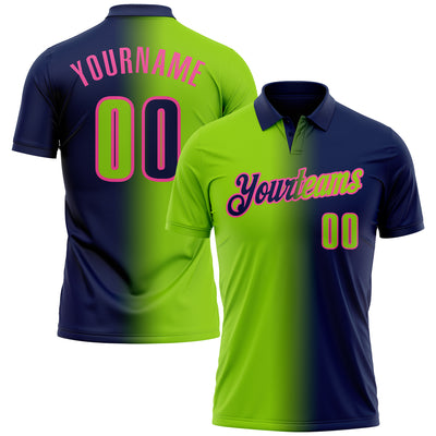 Custom Navy Neon Green-Pink 3D Gradient Fashion Performance Polo Shirt
