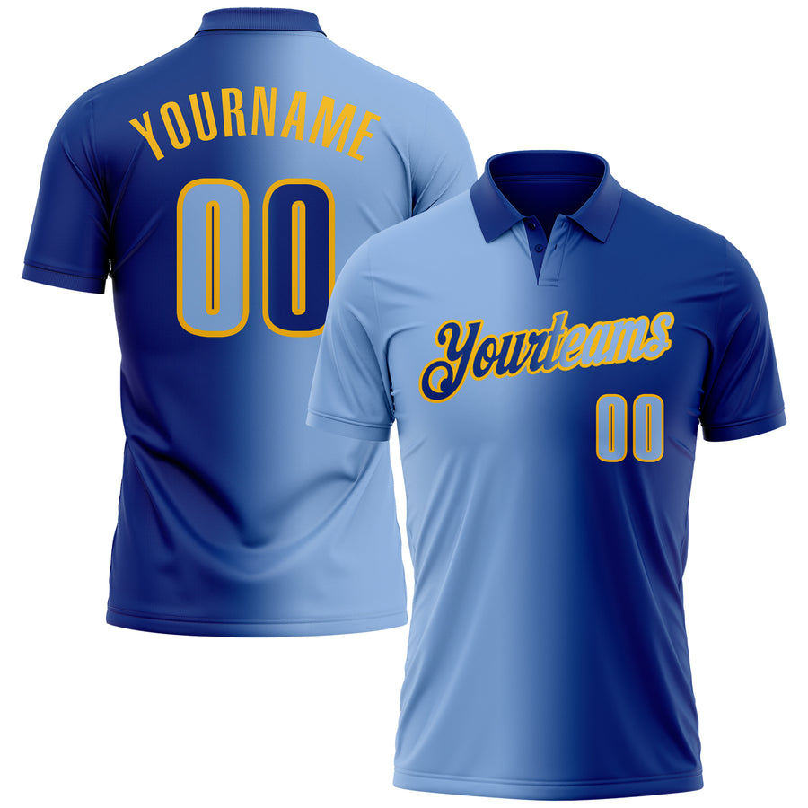 Custom Royal Light Blue-Gold 3D Gradient Fashion Performance Polo Shirt