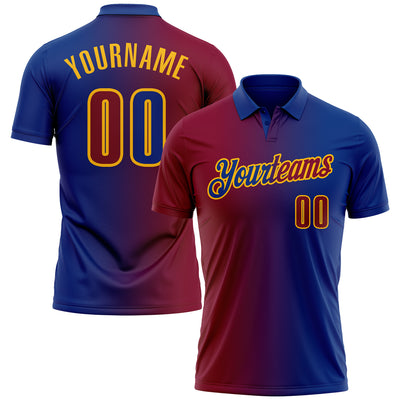 Custom Royal Maroon-Gold 3D Gradient Fashion Performance Polo Shirt