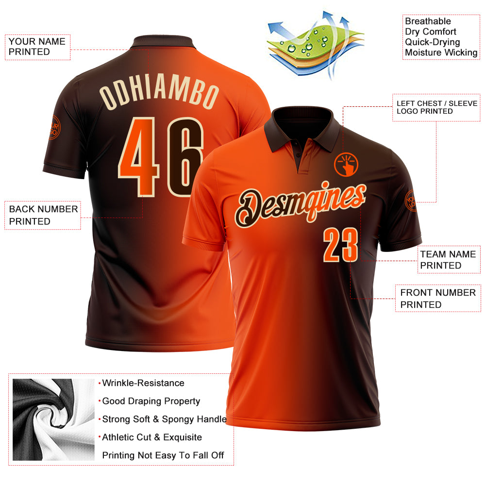 Custom Brown Orange-Cream 3D Gradient Fashion Performance Polo Shirt