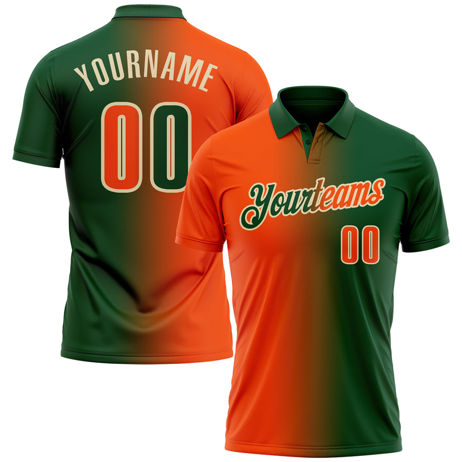Custom Green Orange-Cream 3D Gradient Fashion Performance Polo Shirt
