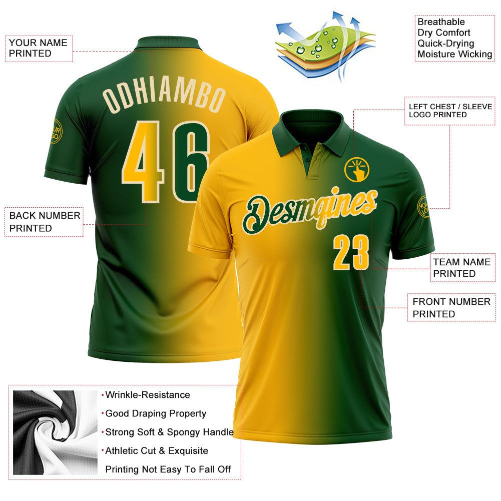 Custom Green Gold-Cream 3D Gradient Fashion Performance Polo Shirt