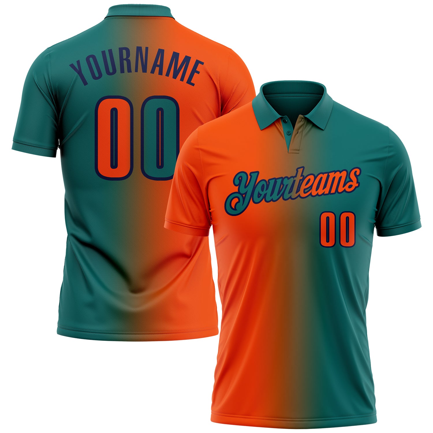 Custom Teal Orange-Navy 3D Gradient Fashion Performance Polo Shirt