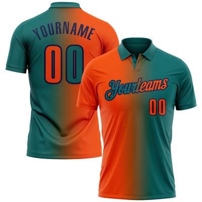 Custom Teal Orange-Navy 3D Gradient Fashion Performance Polo Shirt