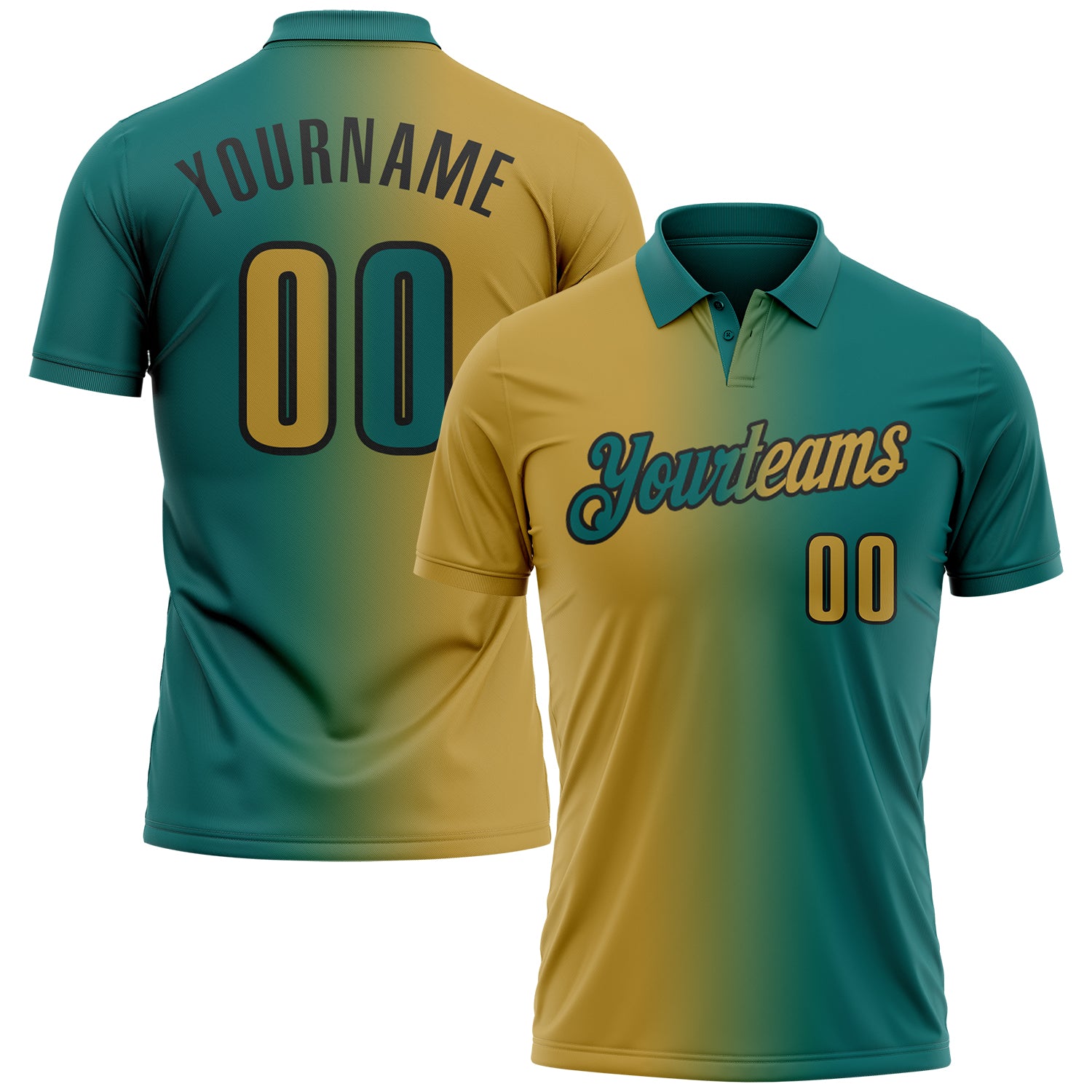 Custom Teal Old Gold-Black 3D Gradient Fashion Performance Polo Shirt